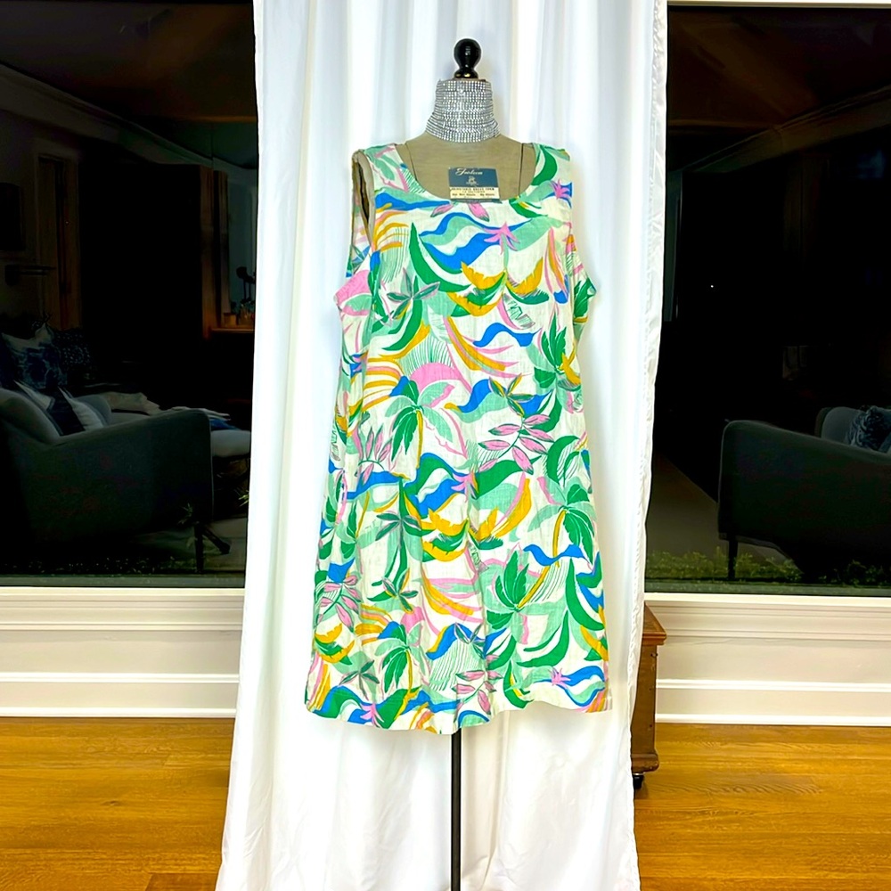 C&C California 100% linen tunic dress pastel leaf print Cream background 1X nice